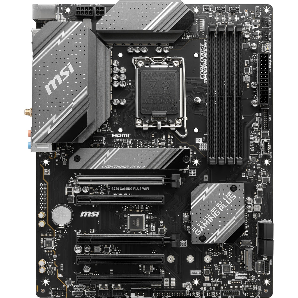 Msi b760 gaming plus wifi socket 1700 moederbord (grijs zwart, raid, 2.5gb-lan, wi-fi 6e, bt, sound, atx)