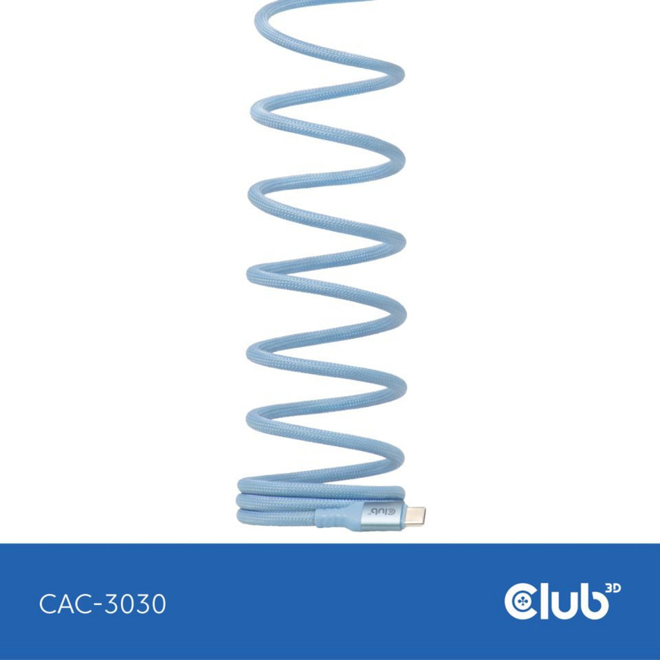 Club 3d usb-c magnetic-coil 240w pd3.1 blue cable, 2 meter kabel (blauw)
