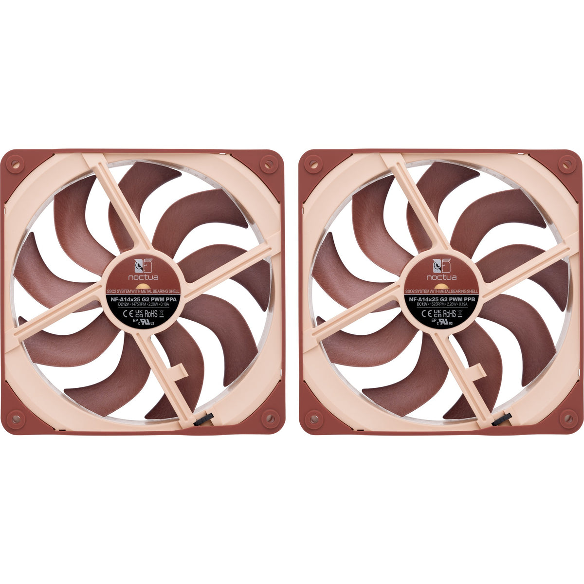 Noctua nf-a14x25 g2 pwm sx2-pp case fans (bruin beige, 2 stuks, 140 x 140 x 25 mm)