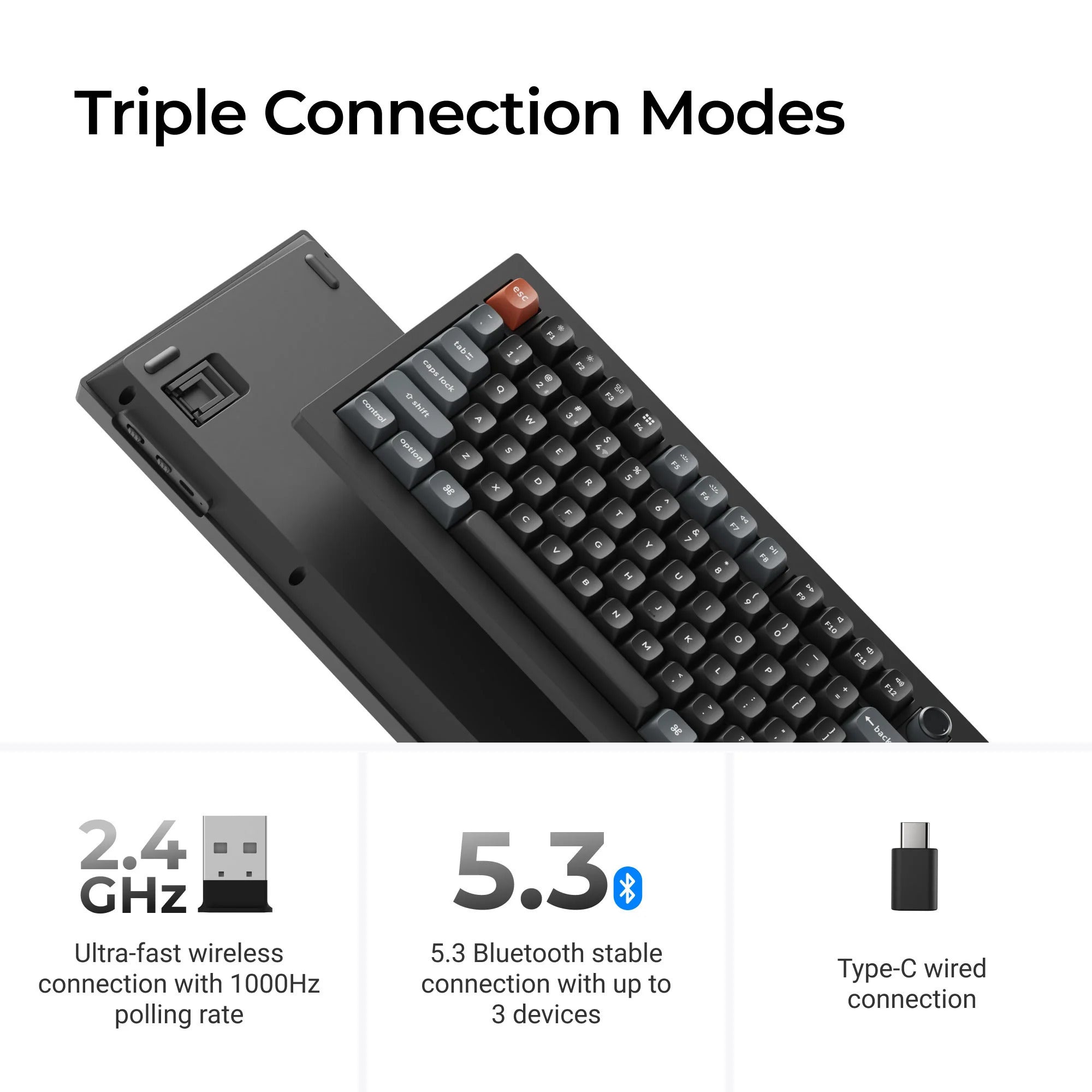 Keychron v3 ultra 8k wireless custom mechanical keyboard (zwart, us lay-out (qwerty), silk pom banana, 80% (tkl), rgb, hot swap, 2.4 ghz | bluetooth 5.3 | usb-c)