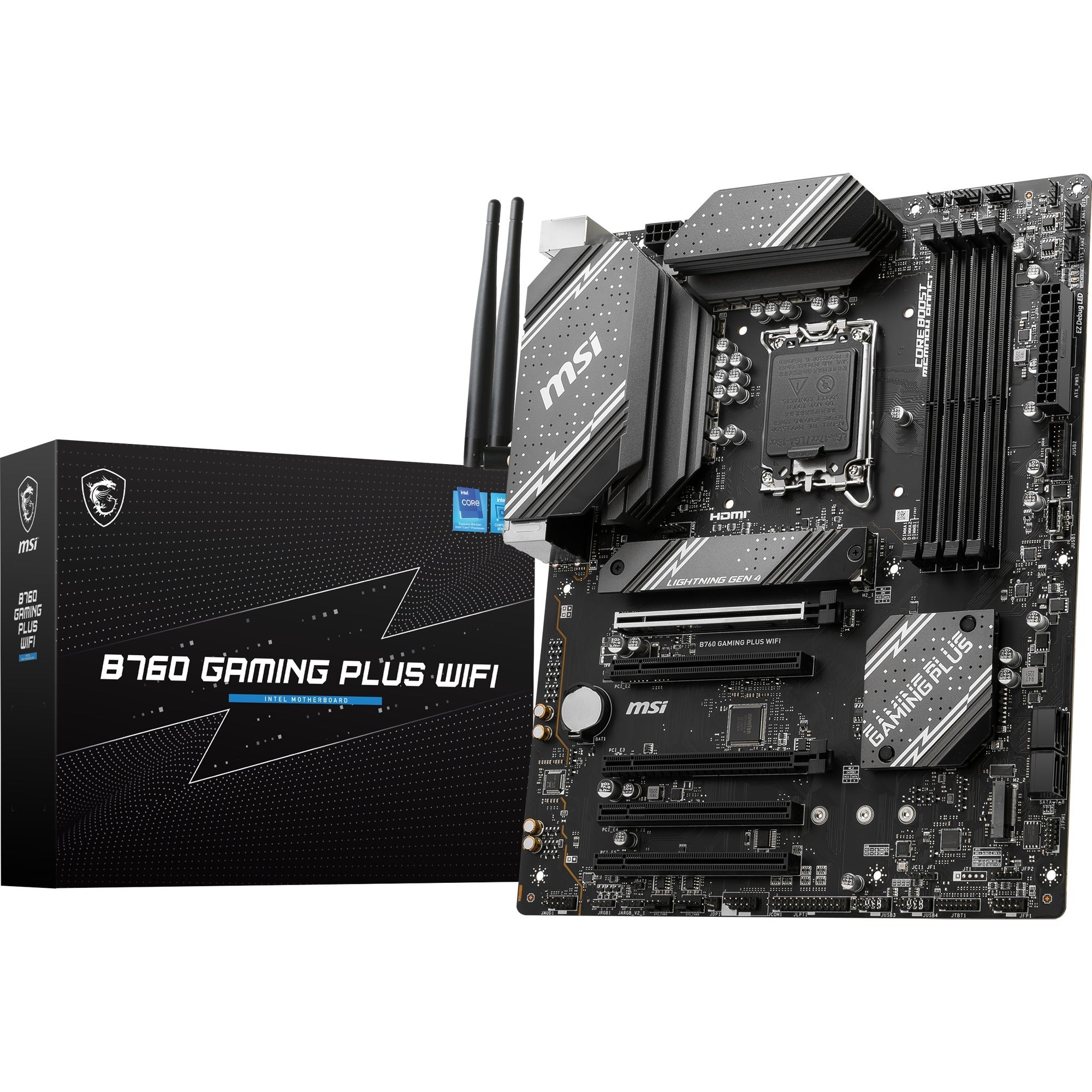 Msi b760 gaming plus wifi socket 1700 moederbord (grijs zwart, raid, 2.5gb-lan, wi-fi 6e, bt, sound, atx)