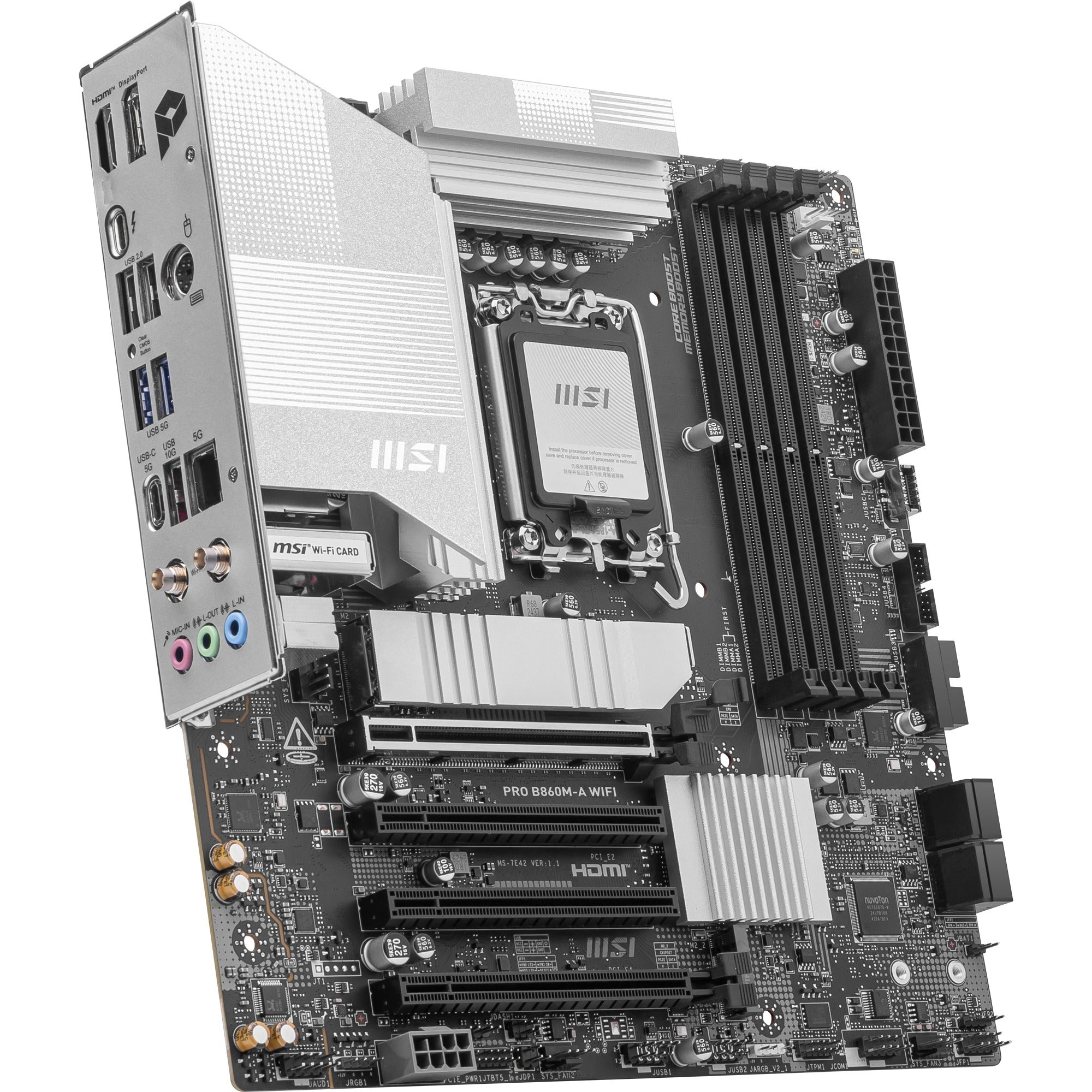 Msi pro b860m-a wifi socket 1851 moederbord (zilver, raid, 5gb-lan, wi-fi 7, bt, sound, µatx)