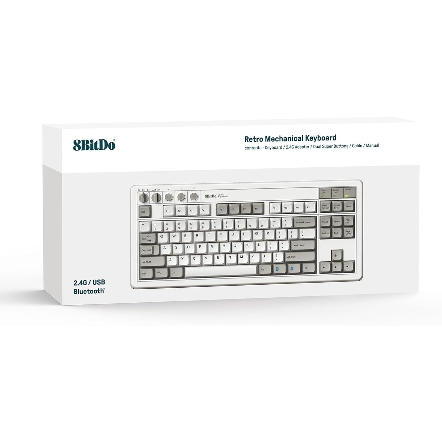8bitdo retro mechanical keyboard m edition, gaming toetsenbord (grijs donkerrood, us lay-out, kailh box white, tkl, bluetooth low energy, wireless 2.4g, usb)