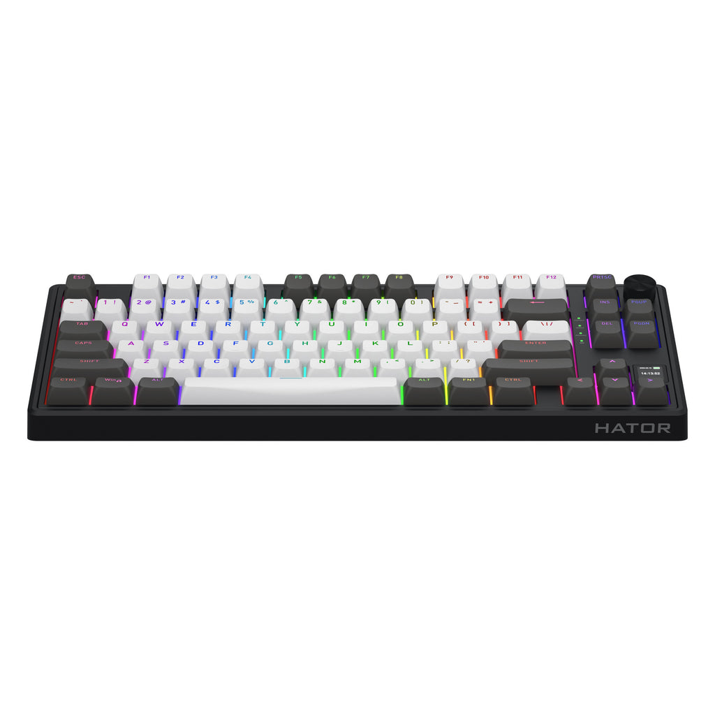 Hator skyfall pro wireless rgb mechanisch gaming toetsenbord (zwart, us lay-out (qwerty), hator aurum vanilla silent, 80% (tkl), rgb, double-shot pbt, hot-swap, 2.4ghz | bluetooth | usb-c)