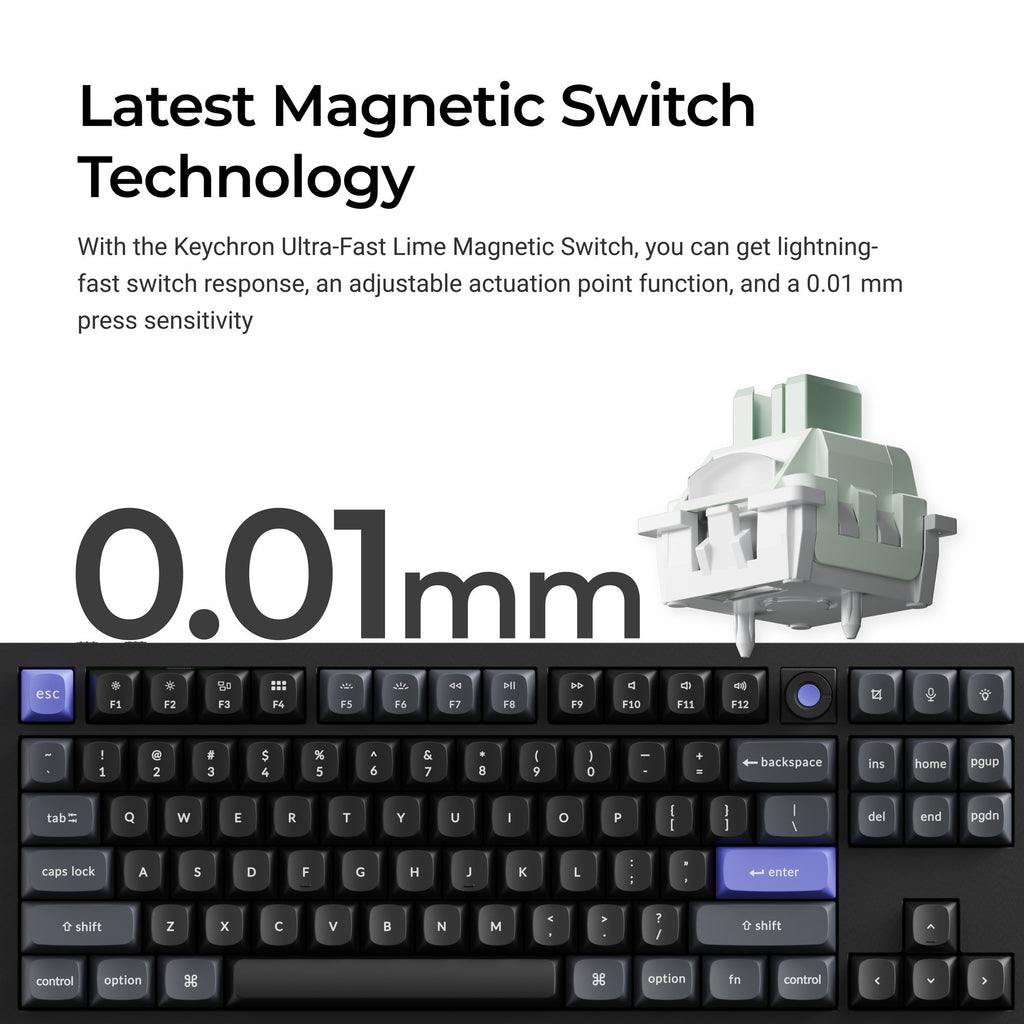 Keychron q3 he 8k magnetic switch keyboard (zwart, us lay-out (qwerty), ultra-fast lime, 80% (tkl) , rgb, hot swap, 8k)