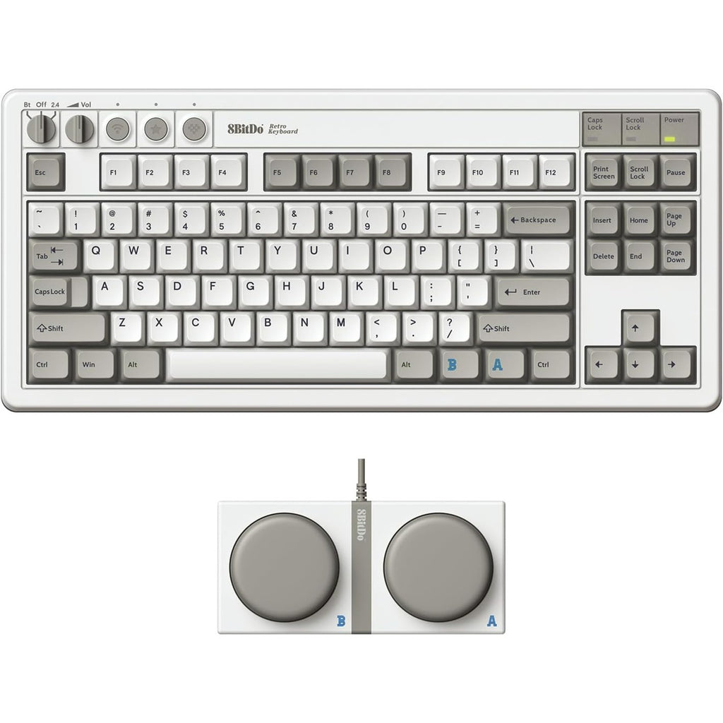 8bitdo retro mechanical keyboard m edition, gaming toetsenbord (grijs donkerrood, us lay-out, kailh box white, tkl, bluetooth low energy, wireless 2.4g, usb)