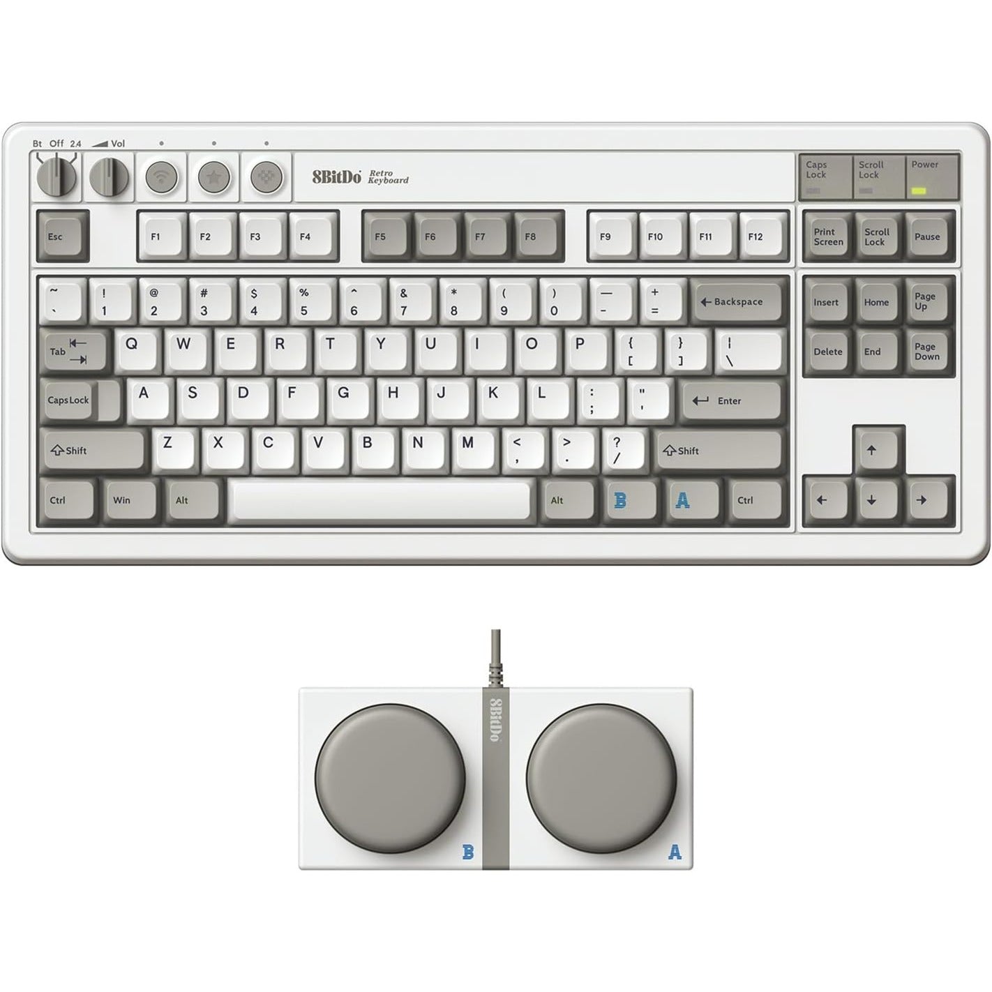 8bitdo retro mechanical keyboard m edition, gaming toetsenbord (grijs donkerrood, us lay-out, kailh box white, tkl, bluetooth low energy, wireless 2.4g, usb)