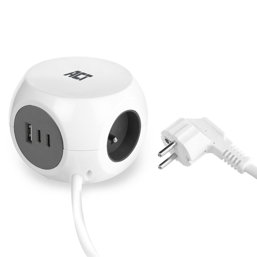 Act connectivity stekkerdoos kubus met 3 stopcontacten, 30w power delivery usb-c a poorten, kabellengte 1,5m stekkerdoos (wit, type e)