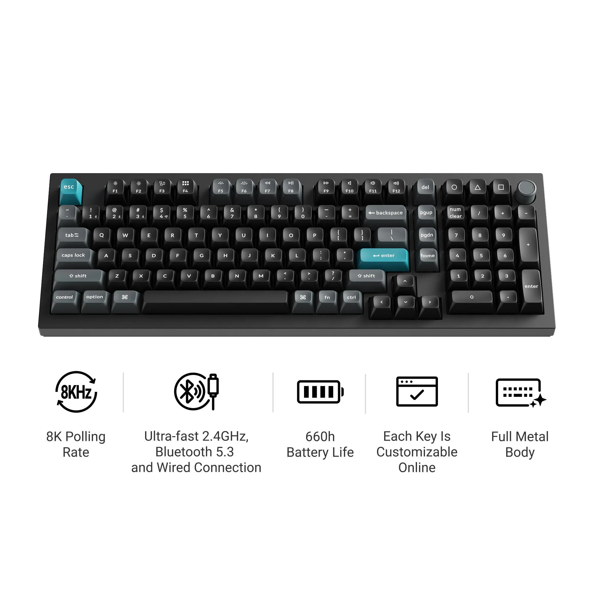 Keychron q5 ultra-m3 8k wireless custom mechanical keyboard (zwart, us lay-out (qwerty), silk pom brown, 96%, rgb, hot swap, 8k, 2.4 ghz | bluetooth 5.2 | usb-c)