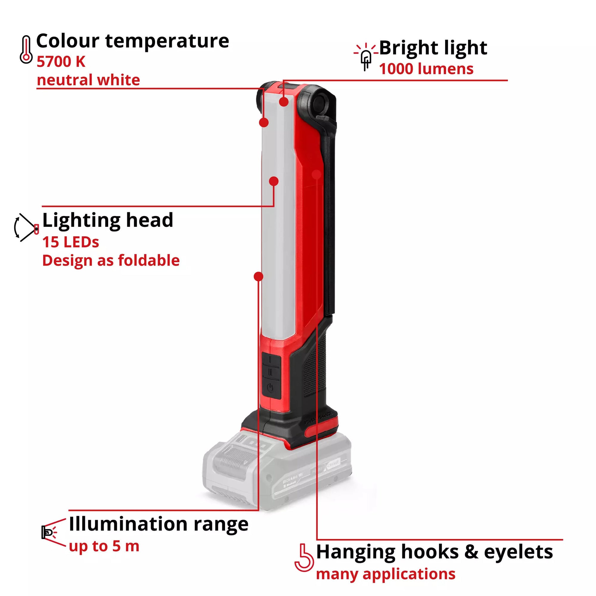Einhell te-cl 18 1000 s li - solo accu werklamp (rood zwart, accu en oplader niet inbegrepen)