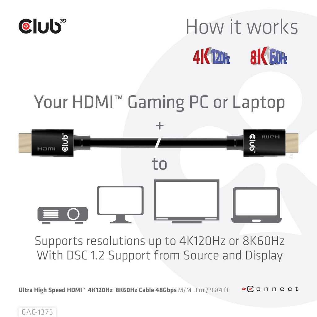 Club 3d ultra high speed hdmi 2.1 gecertificeerde kabel male-male (zwart, 3 meter, 4k 120hz, 8k 60hz, 48gbps)