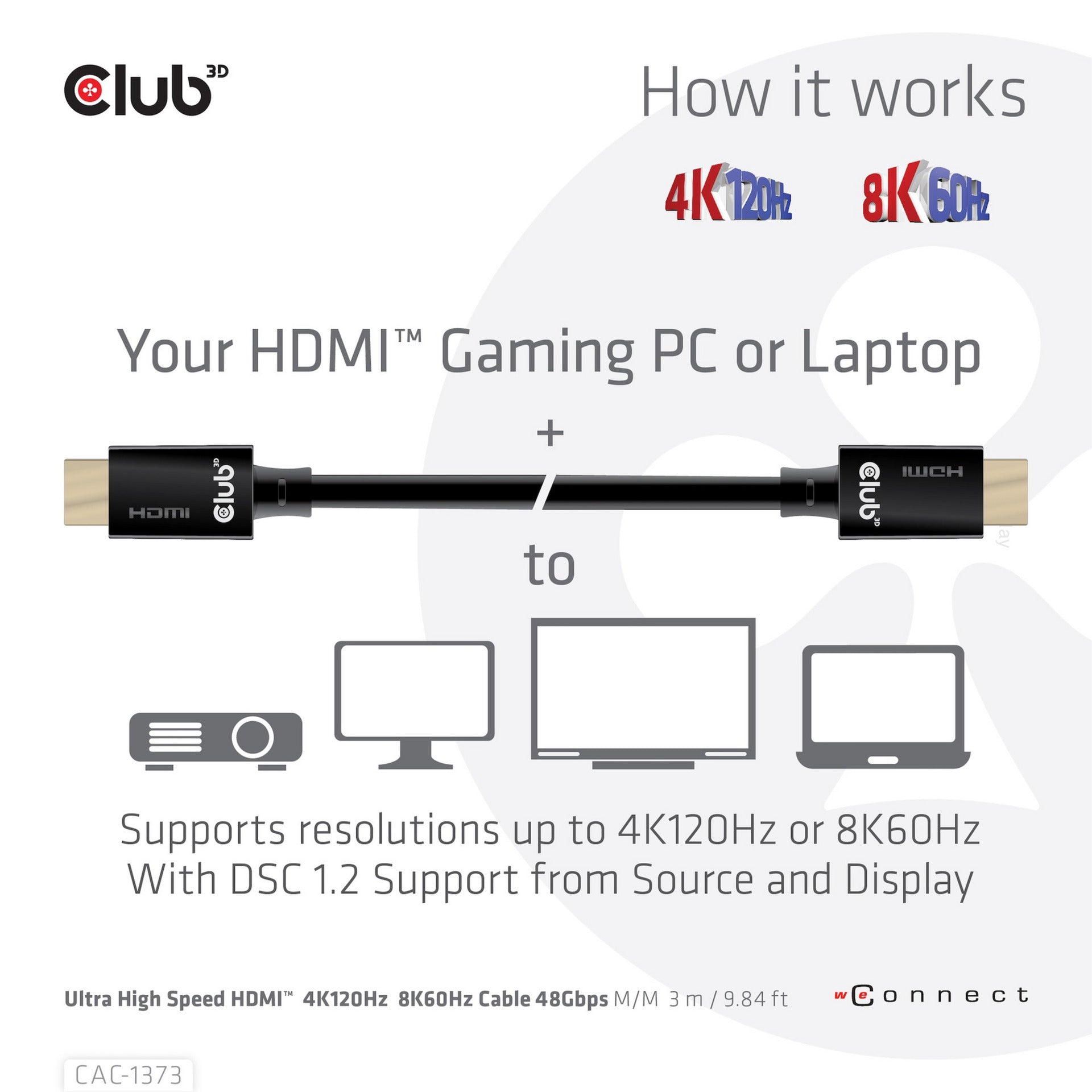Club 3d ultra high speed hdmi 2.1 gecertificeerde kabel male-male (zwart, 3 meter, 4k 120hz, 8k 60hz, 48gbps)