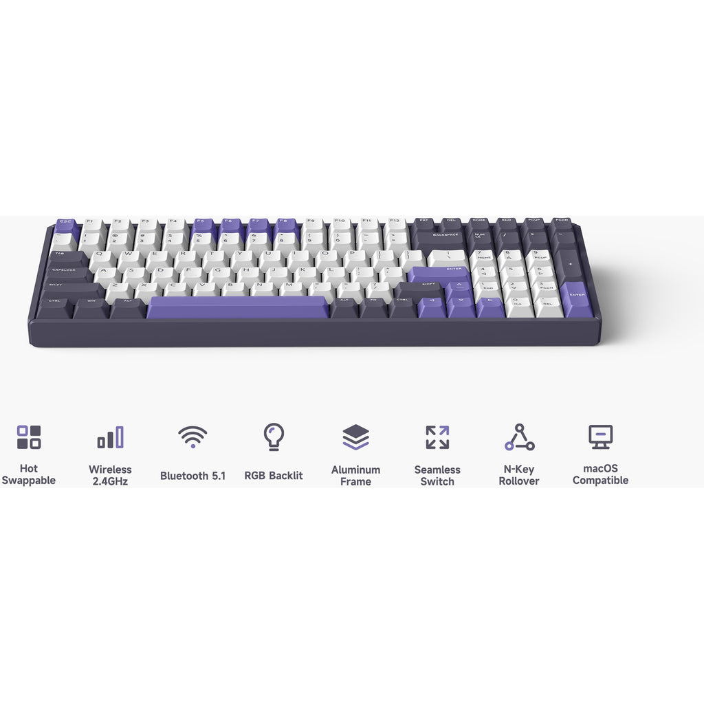 Iqunix f97 lavandin wireless mechanical keyboard (lavendel, us lay-out (qwerty), cherry mx brown, 96%, rgb leds, hot-swappable, pbt, 2.4ghz | bluetooth 5.1 | usb-c)