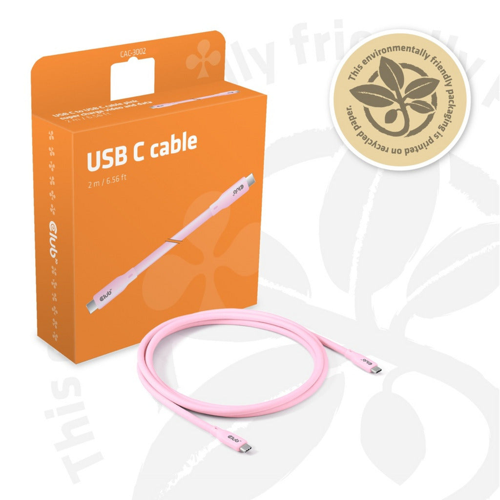 Club 3d gen2x2 type-c bi-directional, 2 meter kabel (lichtroze, 4k60hz, data 20gbps, pd 240w(48v 5a) epr)
