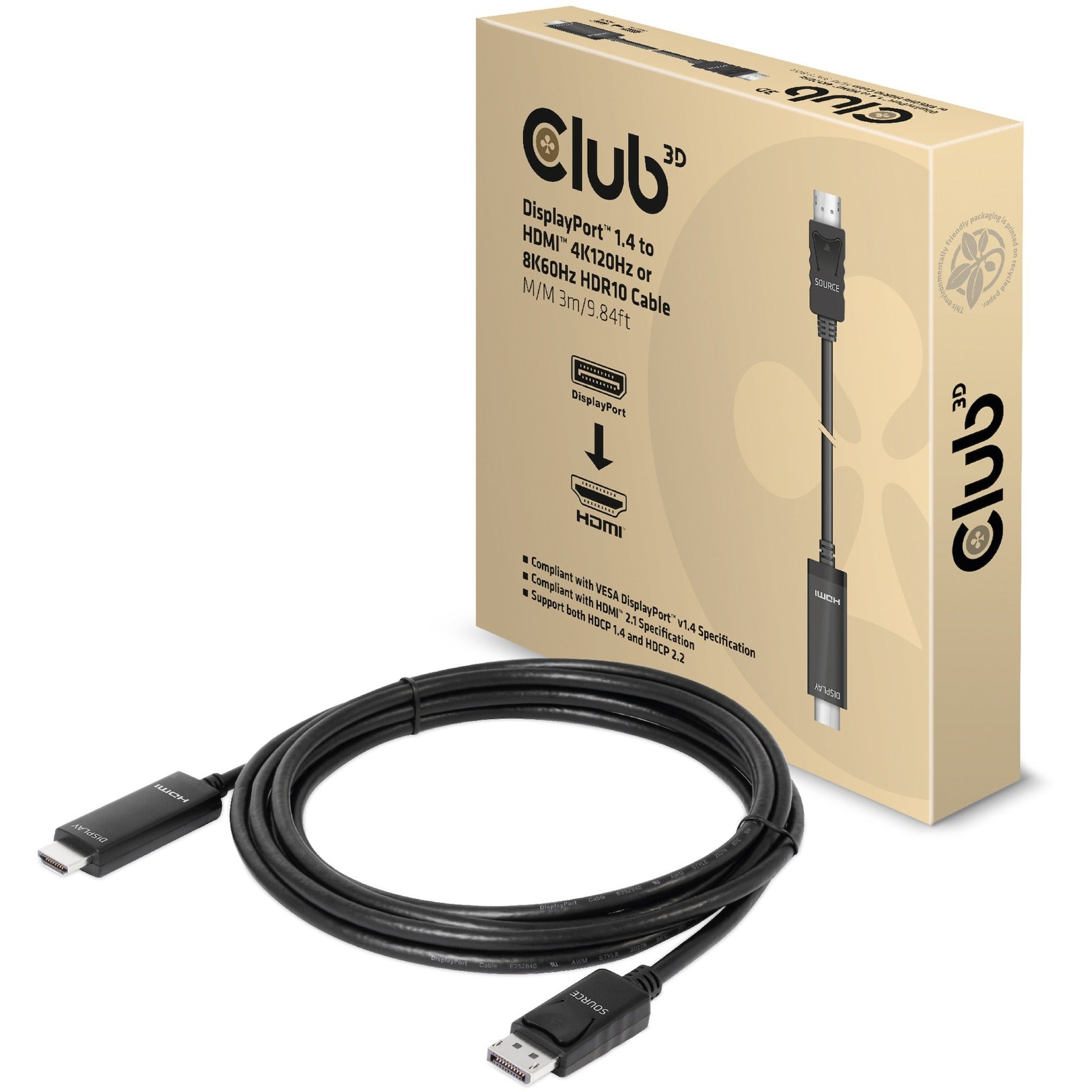 Club 3d displayport 1.4 > hdmi kabel (zwart, 3 meter, 4k 120hz, 8k 60hz)