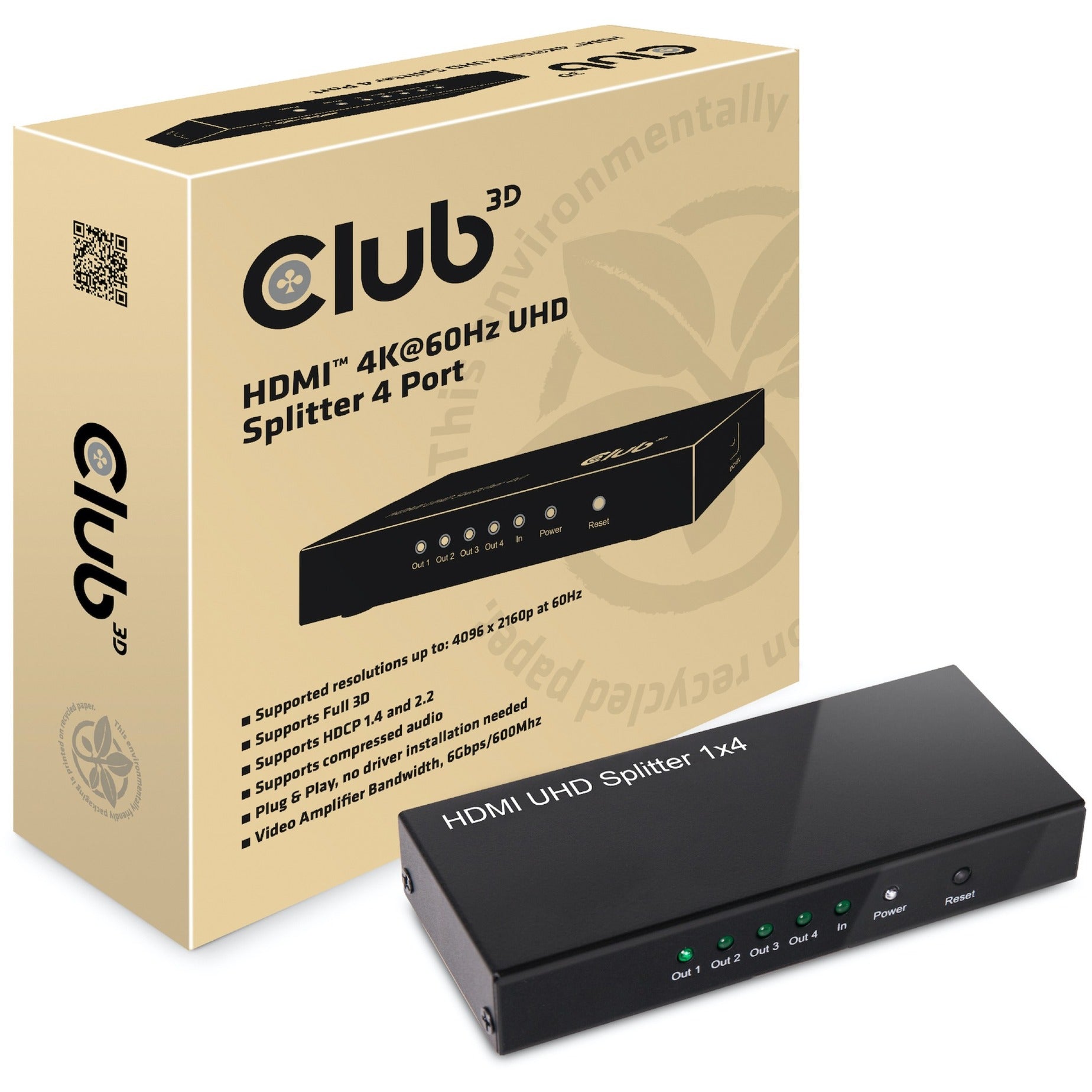 Club 3d hdmi 2.0 uhd splitter 4 ports hdmi splitter (zwart)