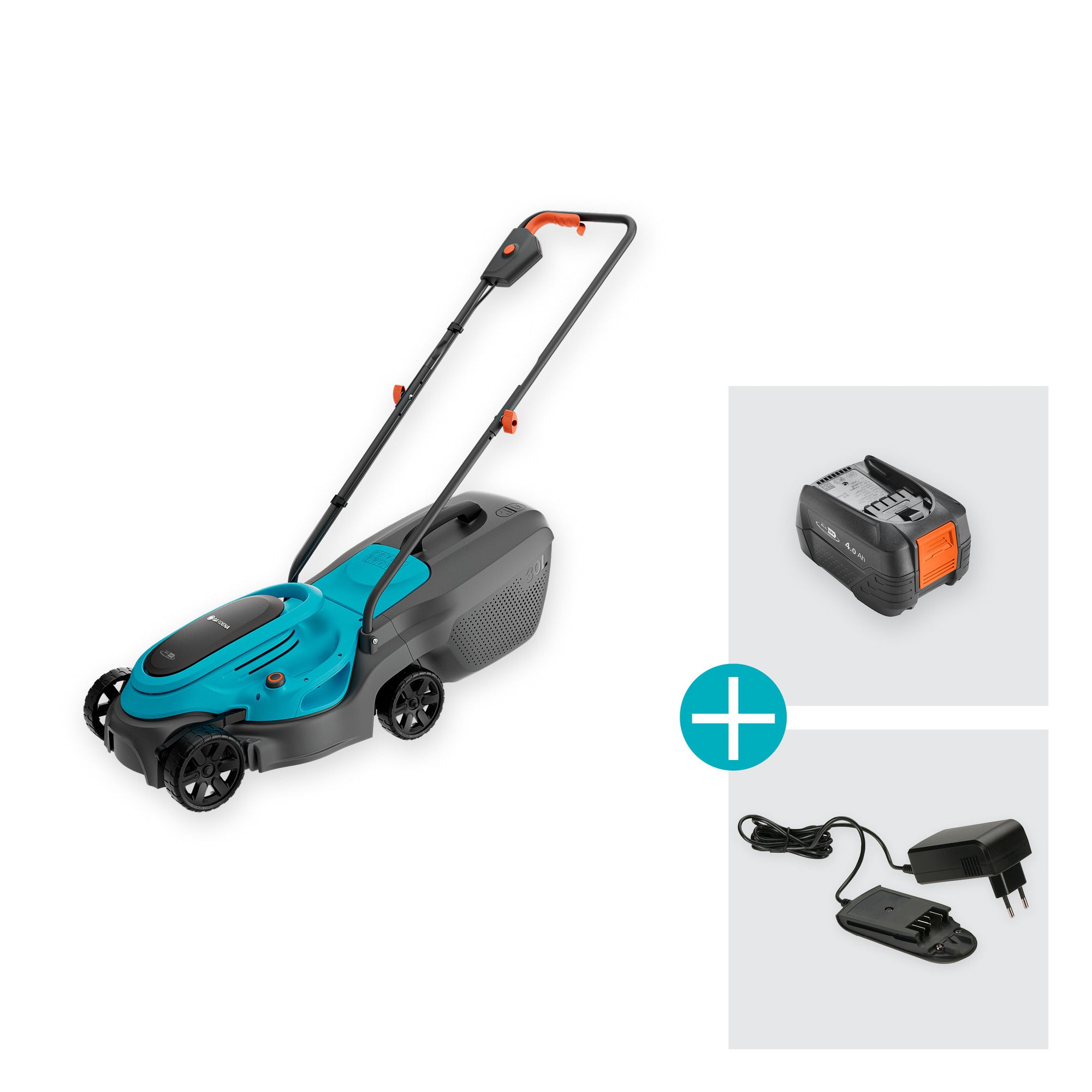 Gardena grasmaaier easymax 32 18v (turquoise grijs, 1x systeemaccu p4a pba 18v 72, 1x snellader p4a al 1830 cv inbegrepen)
