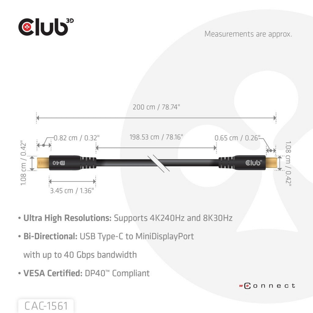 Club 3d usb-c naar minidisplayport dp40 bidirectioneel adapter (zwart, 2 meter, vesa-gecertificeerd)