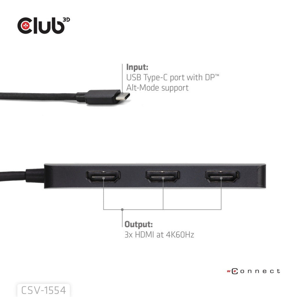 Club 3d usb-c naar triple hdmi mst hub 4k60hz adapter (zwart)