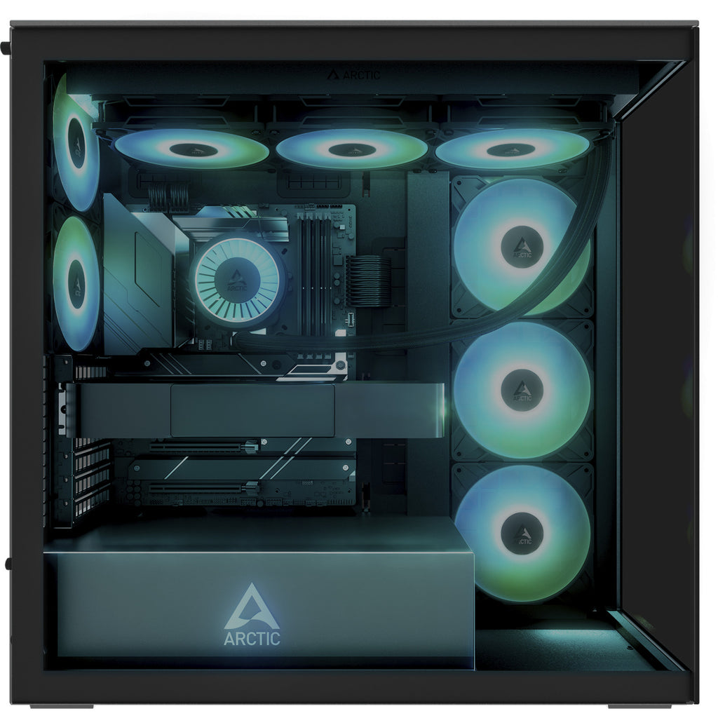 Arctic xtender vg midi tower behuizing (zwart (mat) | 2x usb-a | 1x usb-c | rgb | tempered glass)