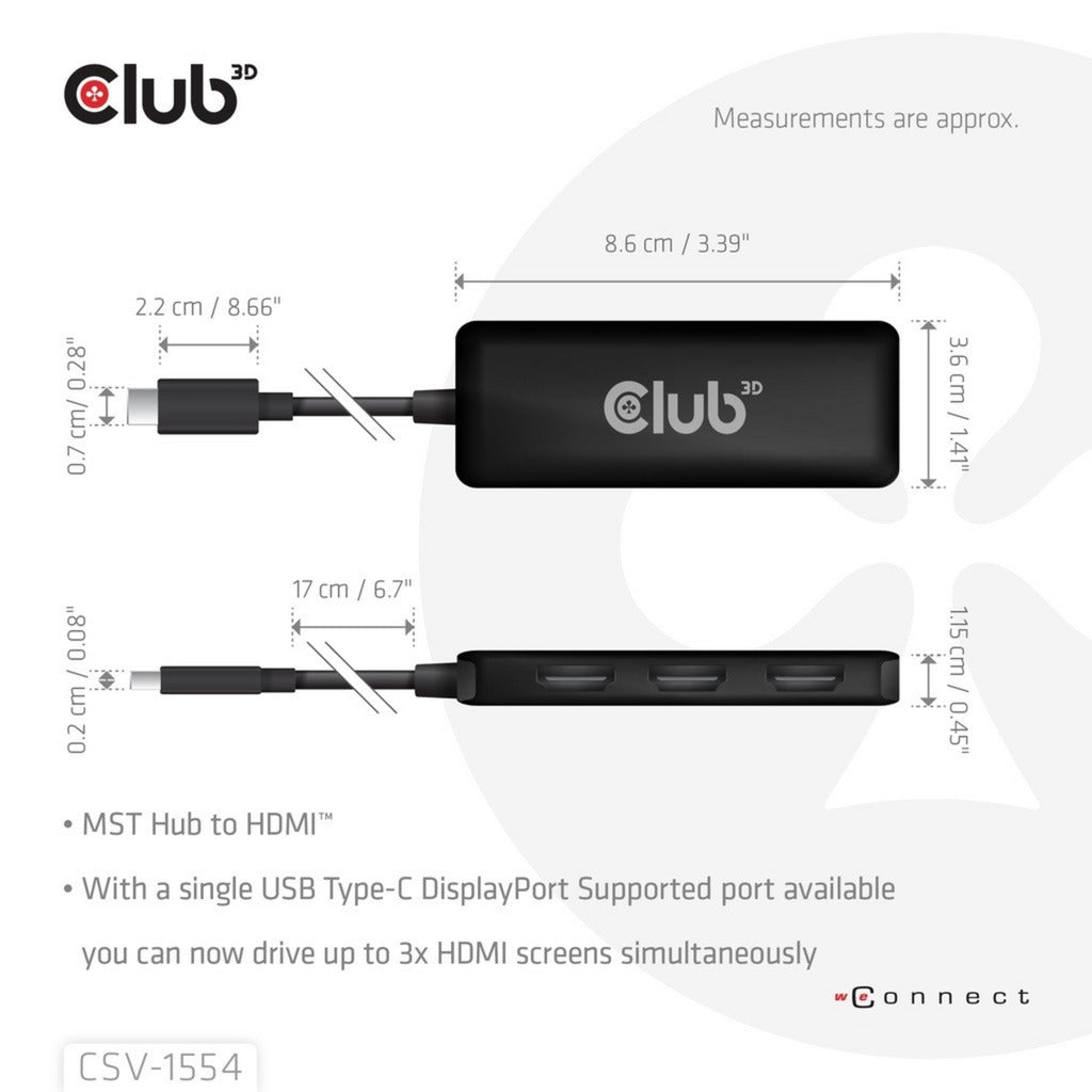 Club 3d usb-c naar triple hdmi mst hub 4k60hz adapter (zwart)