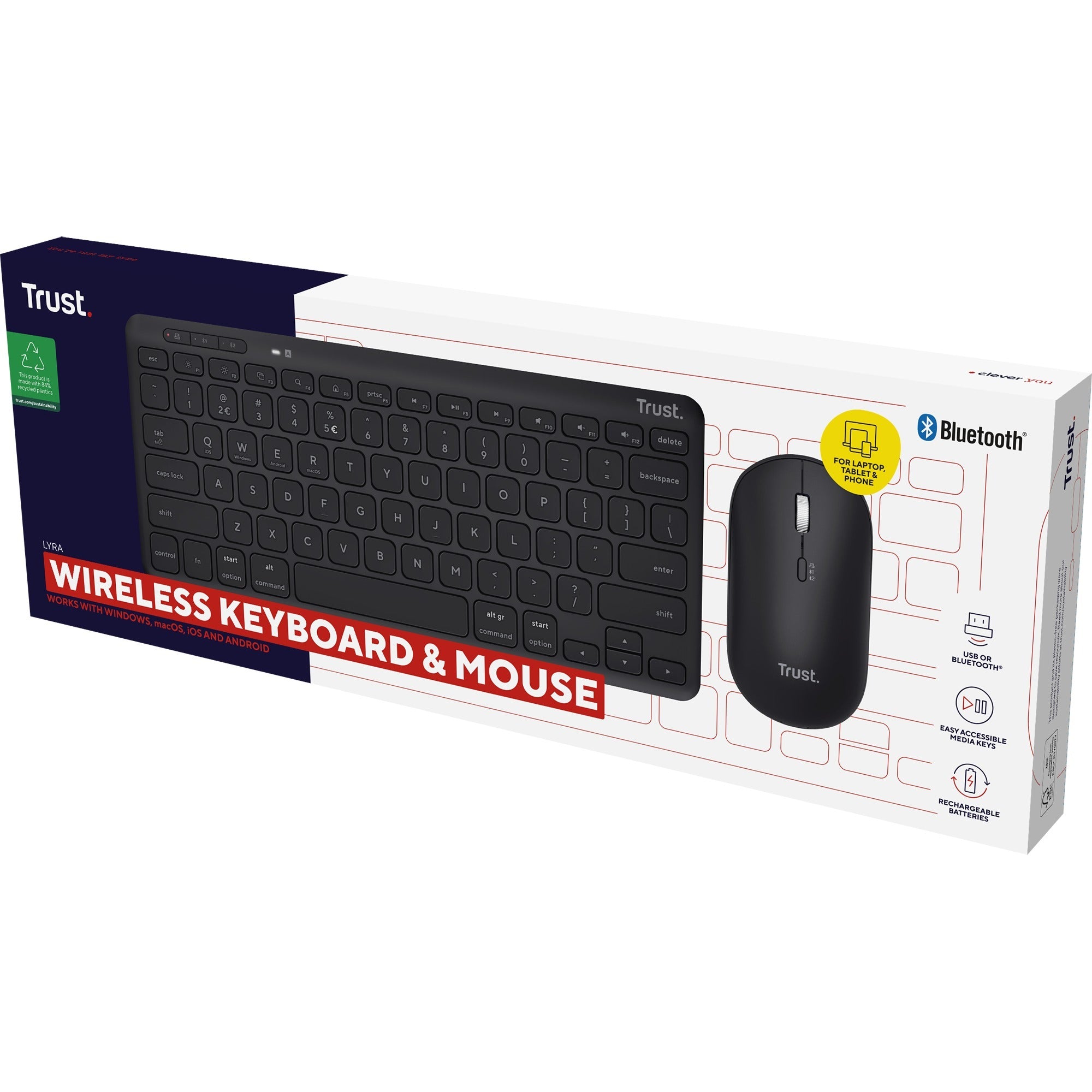 Trust lyra multi-device wireless keyboard mouse desktopset (zwart, us lay-out (qwerty), scissor switches, 65%, 800 - 1.600 dpi, 2,4 ghz usb, bluetooth)