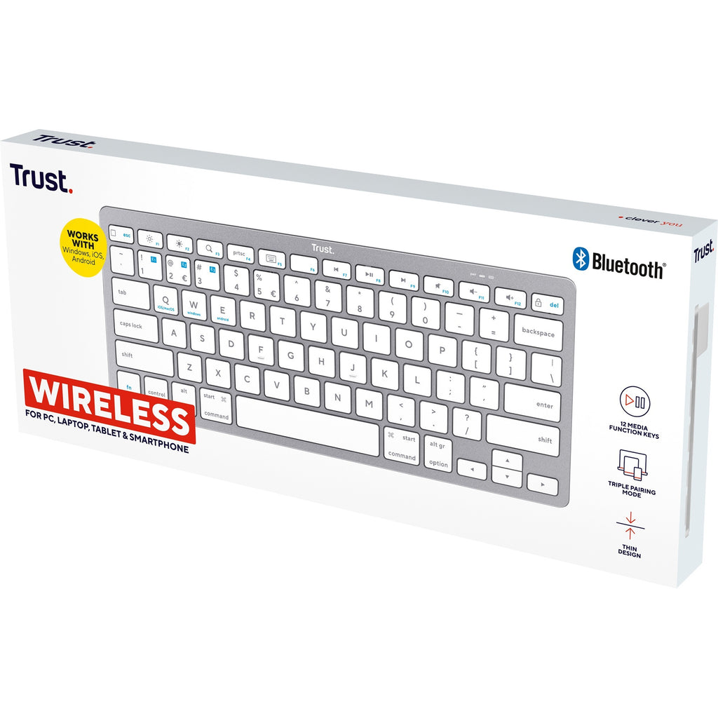 Trust wireless bluetooth keyboard, toetsenbord (grijs wit, us lay-out, scissor switches, bluetooth 4.0)