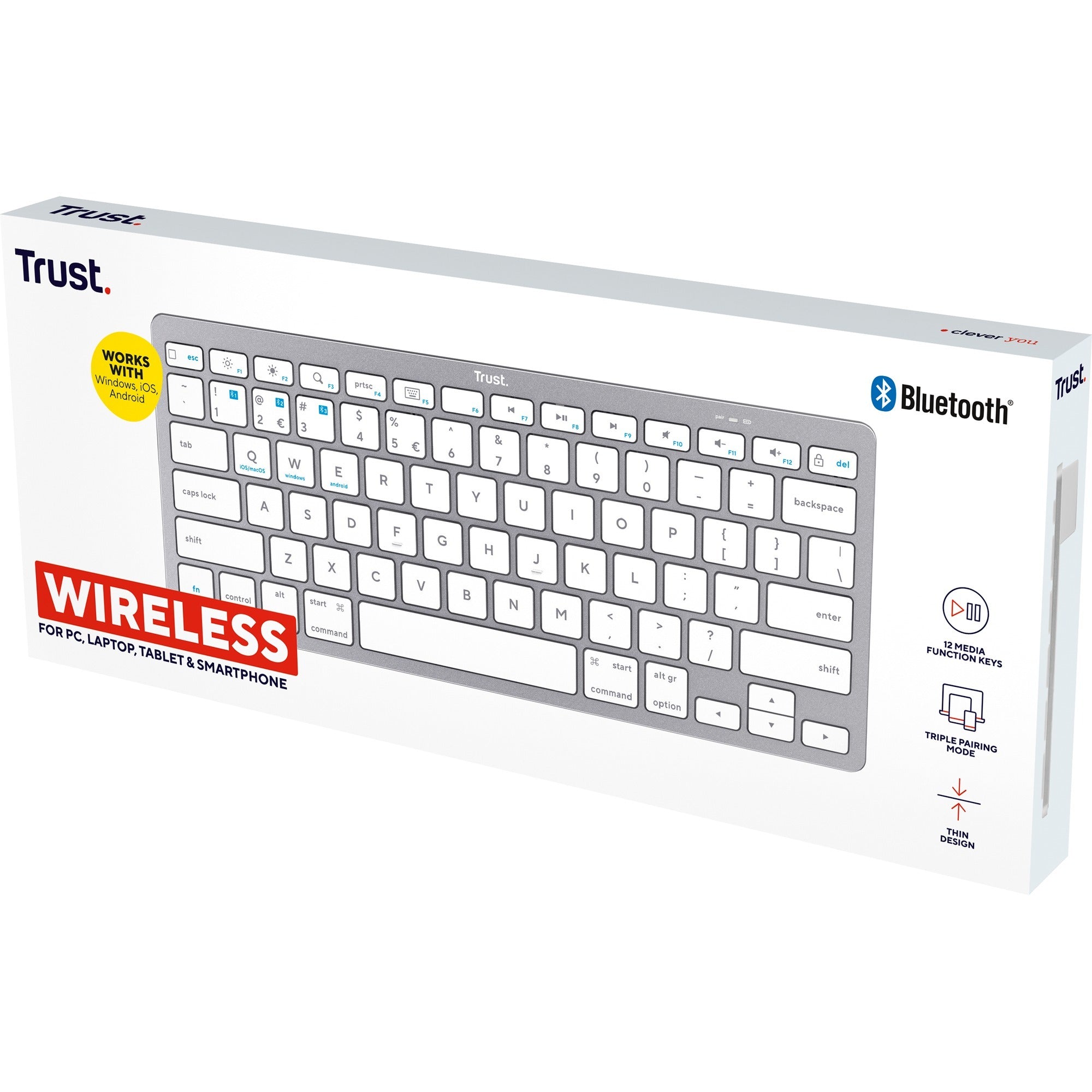 Trust wireless bluetooth keyboard, toetsenbord (grijs wit, us lay-out, scissor switches, bluetooth 4.0)