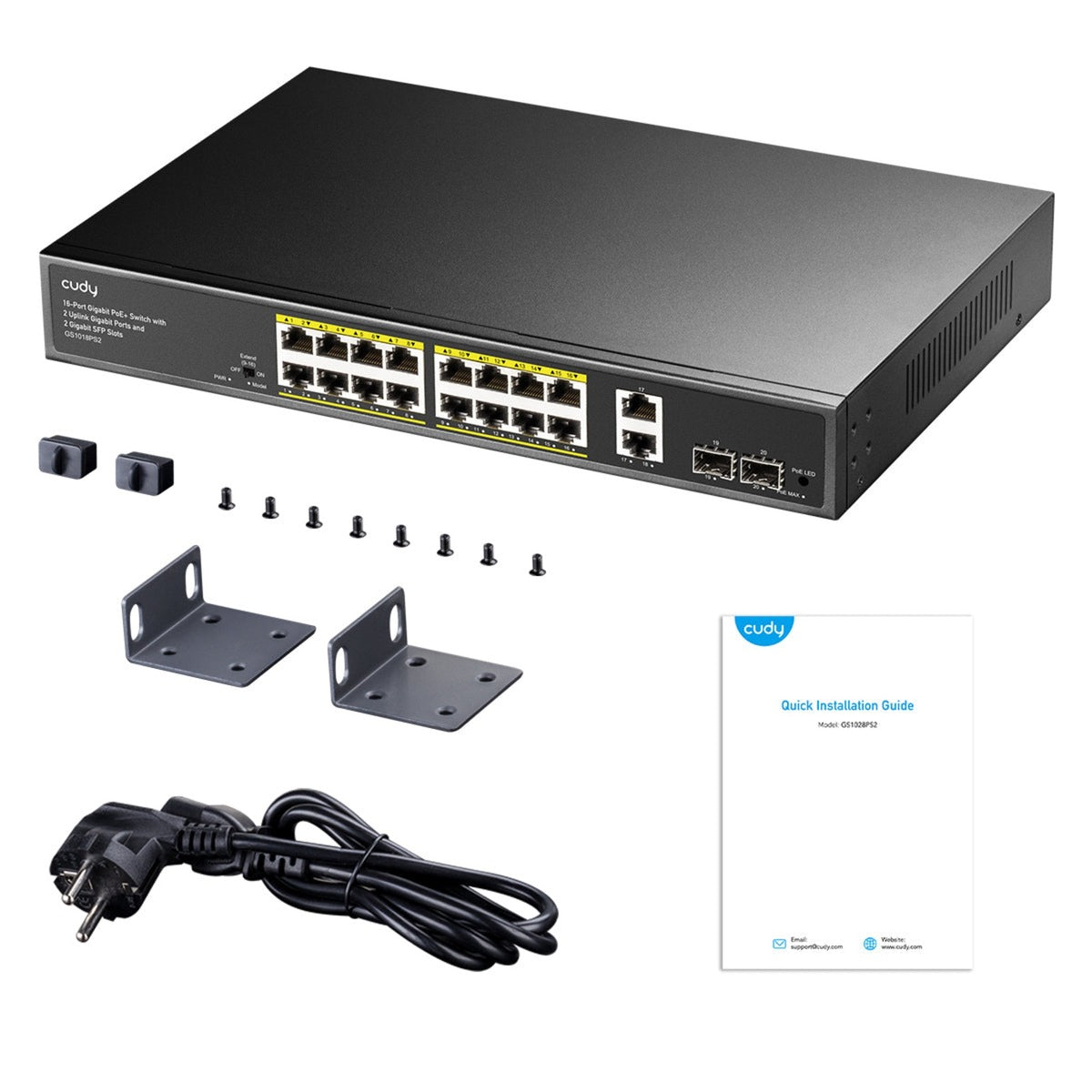 Cudy 16-gbe poe+ switch with 2 uplink gbe and 2 uplink sfp (zwart)