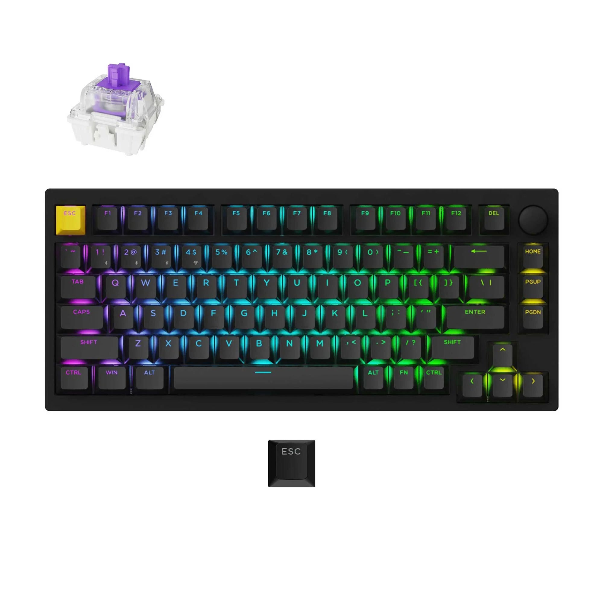 Lemokey p1 he-m1 wireless magnetic switch custom gaming keyboard (zwart, us lay-out (qwerty), gateron double-rail magnetic nebula, 75%, rgb leds, double-shot pbt, hot swap, 2.4 | bluetooth | usb-c, knob)