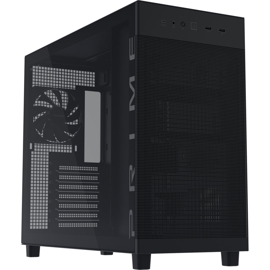 Asus prime ap303 - tempered glass panel midi tower behuizing (zwart | 2x usb-a | 1x usb-c | tempered glass)