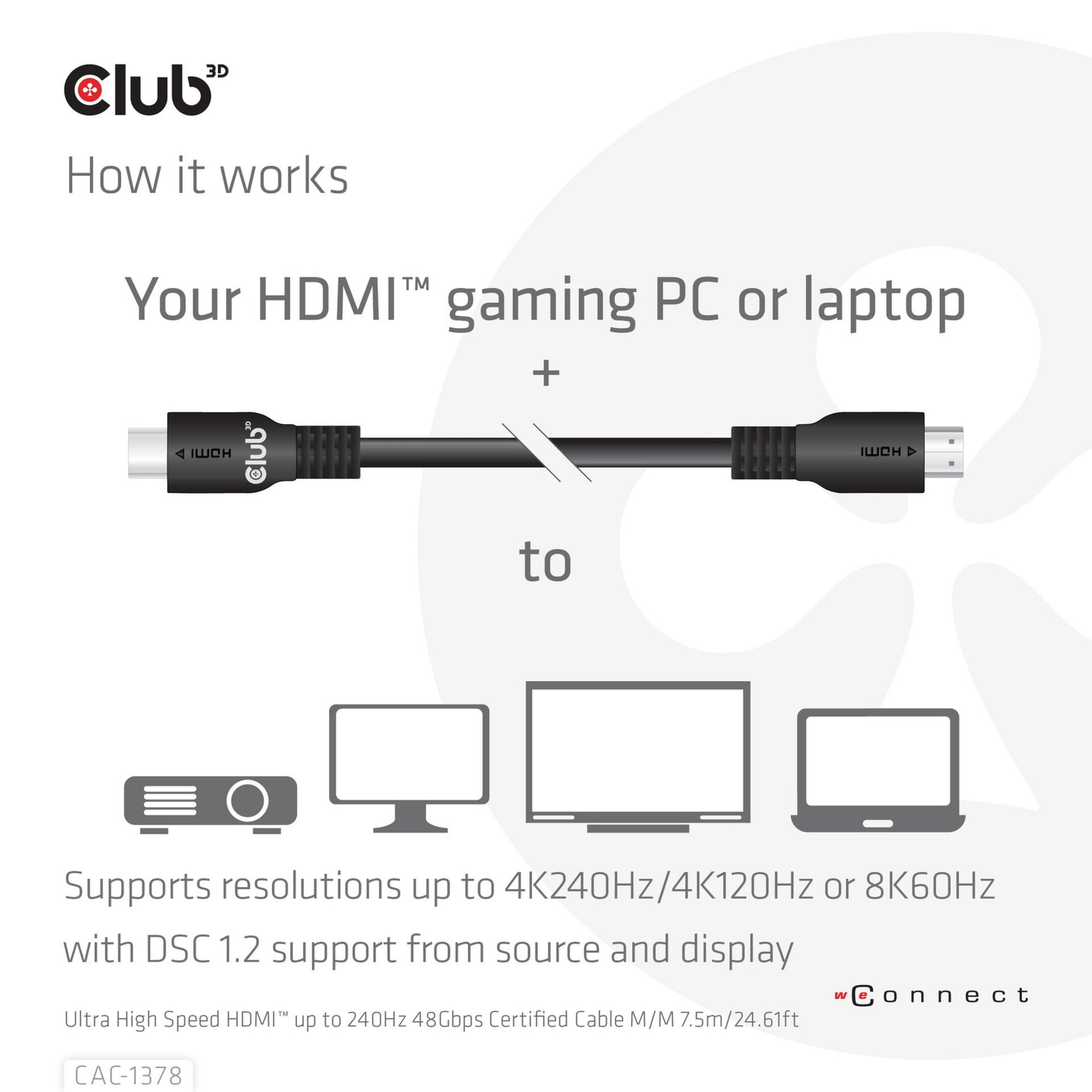 Club 3d ultra high speed hdmi certified kabel (zwart, 7,5 meter, 4k120 hz, 8k60 hz)