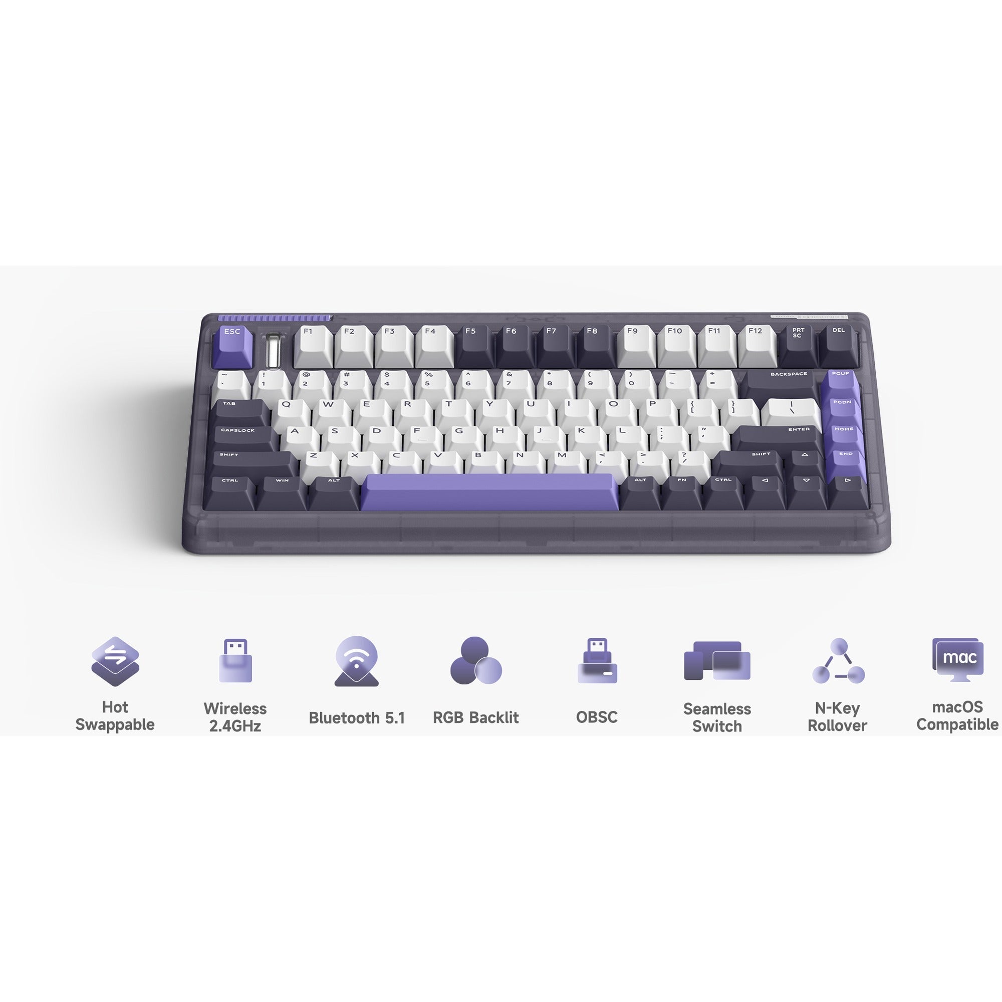 Iqunix og80 lavandin wireless mechanical keyboard (lavendel, us lay-out (qwerty), cherry mx red, 80% (tkl), hot-swappable, pbt, 2.4ghz | bluetooth 5.1 | usb-c)