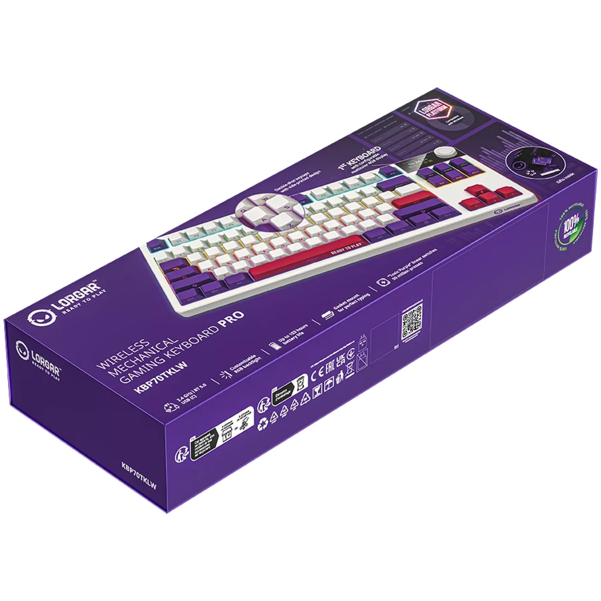 Lorgar kbp70tklw rgb mechanisch gaming toetsenbord (wit, us lay-out (qwerty), logar toxic purple, 80% (tkl), rgb, hot-swappable, pbt double-shot, bluetooth | 2.4ghz | usb)