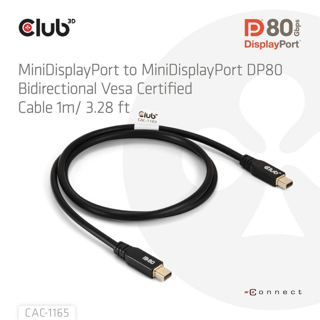 Club 3d minidisplayport naar minidisplayport dp80 bidirectioneel kabel (zwart, 1 meter, vesa-gecertificeerd)