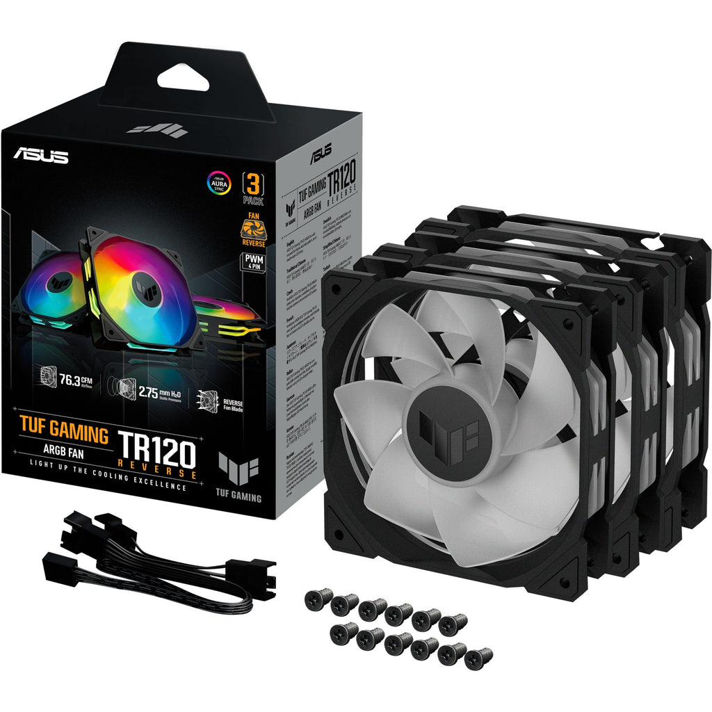 Asus tuf gaming tr120 argb reverse case fans (zwart, 3 stuks, 120 x 120 x 28 mm)