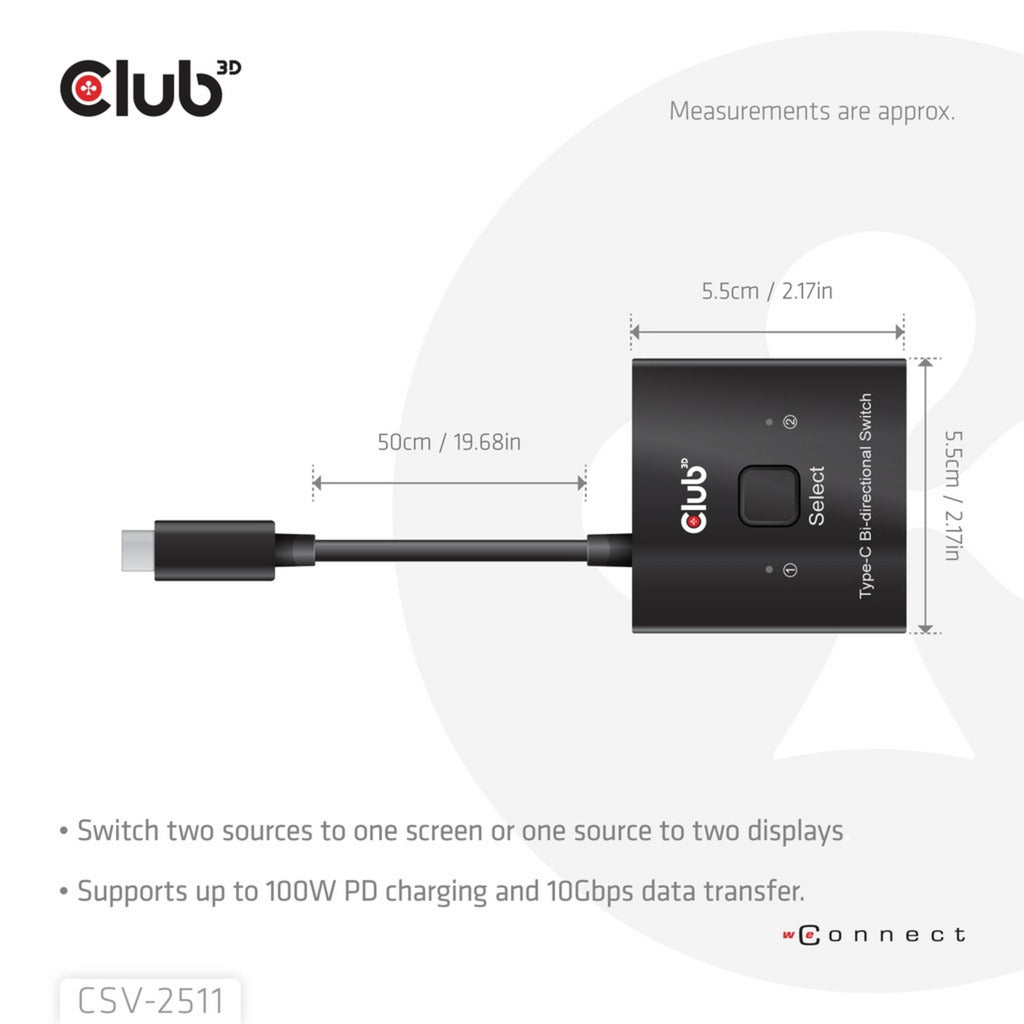 Club 3d usb-c bi-directional video + data + pd switch usb-switch (zwart)