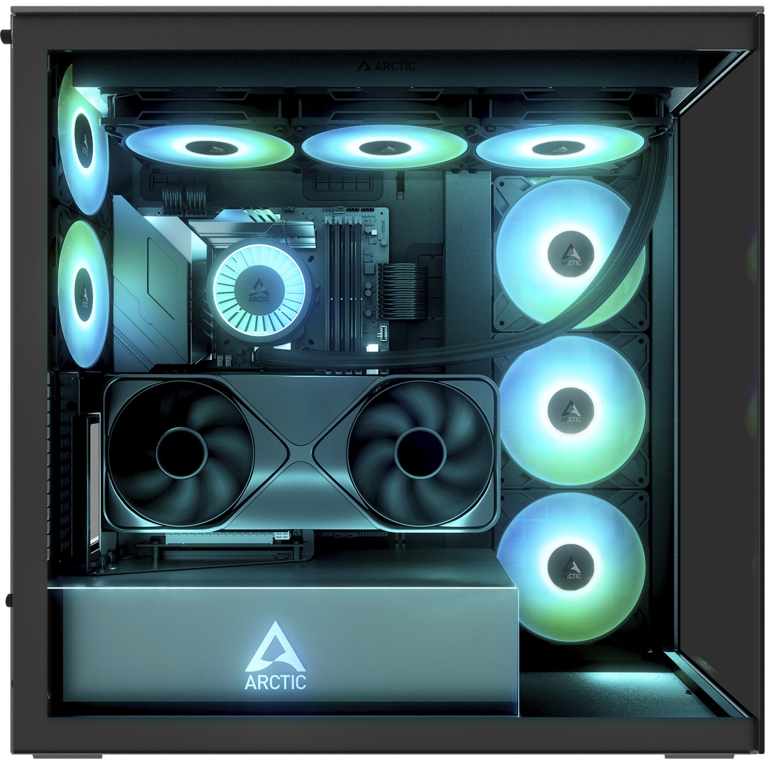 Arctic xtender vg midi tower behuizing (zwart | 2x usb-a | 1x usb-c | rgb | tempered glass)