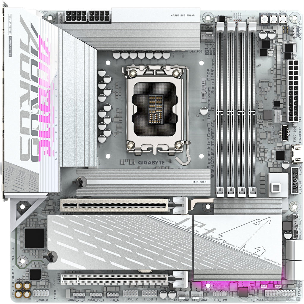 Gigabyte b860m aorus elite wifi6e ice socket 1851 moederbord (zilver wit, raid, 2.5gb-lan, wi-fi 7, bt, sound, µatx)
