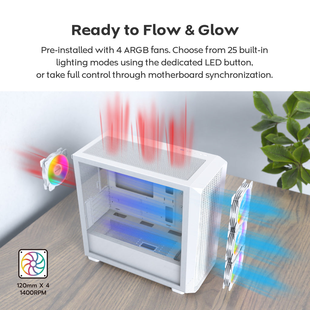 Montech x5m midi tower behuizing (wit | 2x usb-a | 1x usb-c | rgb | tempered glass)