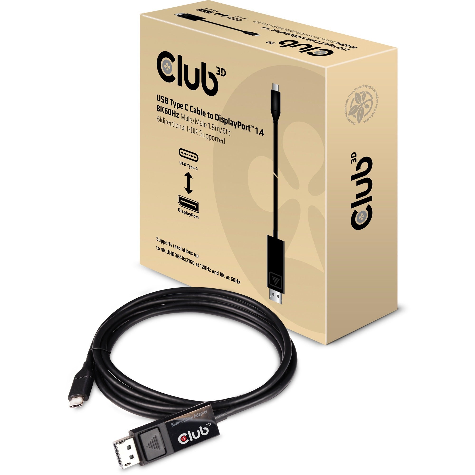 Club 3d usb-c > displayport 1.4 adapter (zwart, 1,8 meter)