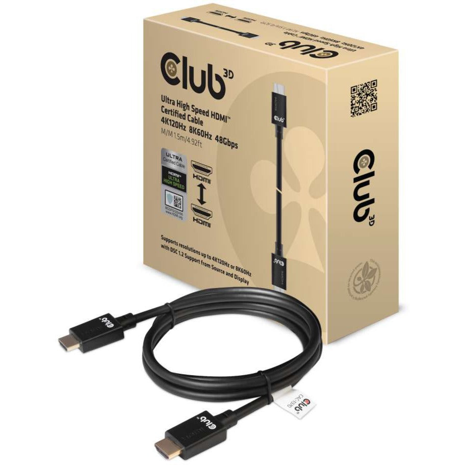 Club 3d ultra high speed hdmi 2.1 gecertificeerde kabel male-male (zwart, 1,5 meter, 4k 120hz, 8k 60hz, 48 gbps)