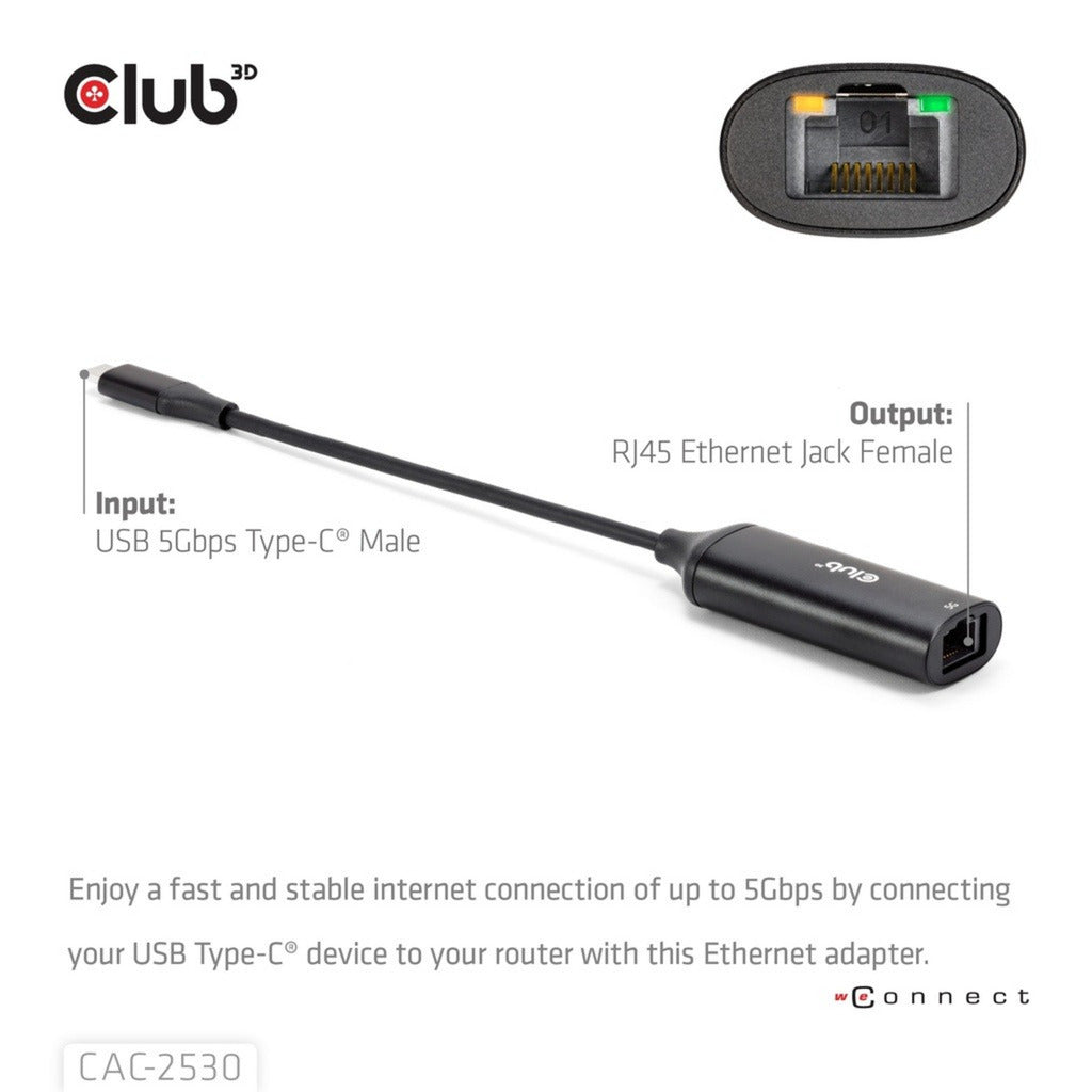 Club 3d usb-c naar rj45 5gbps ethernet m f adapter (zwart)