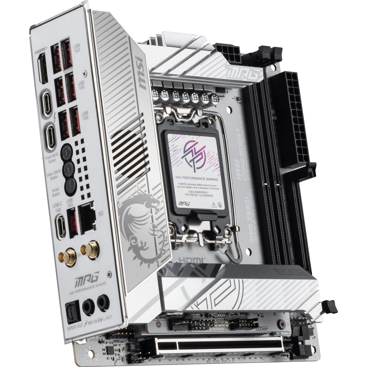 Msi mpg z890i edge ti wifi socket 1851 moederbord (wit zilver, raid, 5gb-lan, wi-fi 7, bt, sound, mini-itx)
