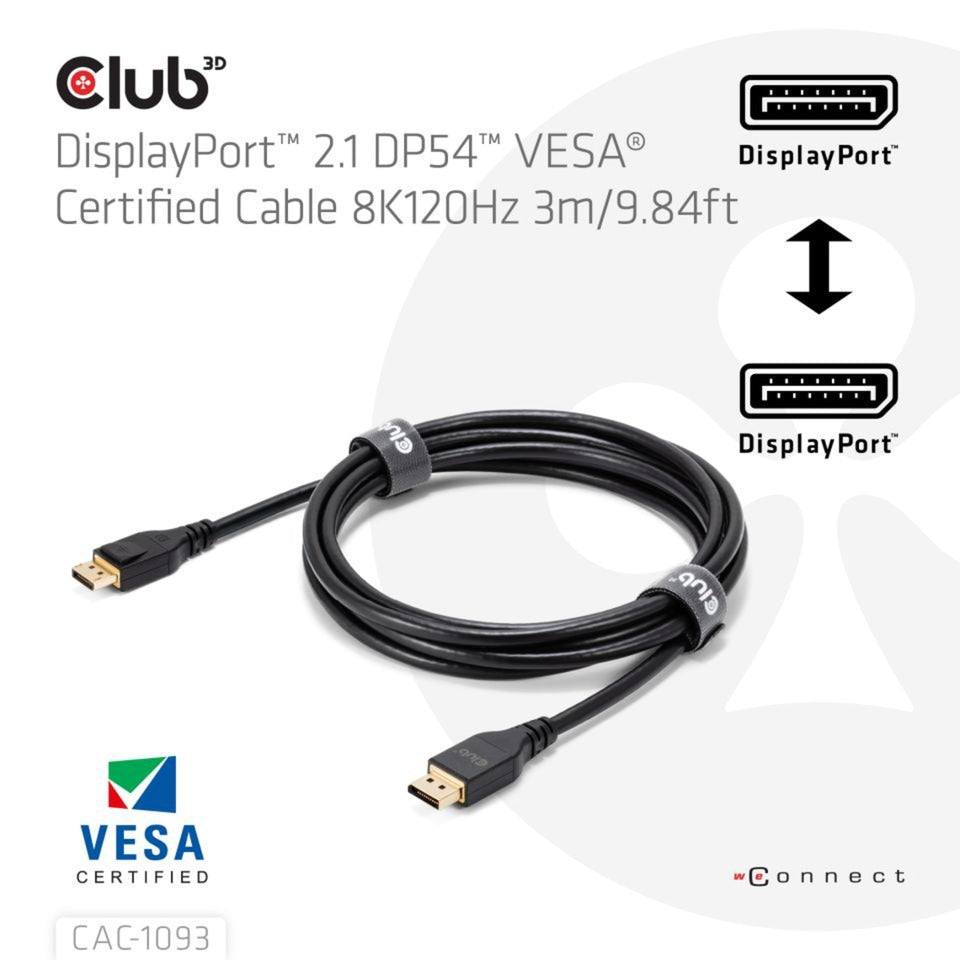 Club 3d displayport 2.1 vesa dp54 gecertificeerde kabel male-male (zwart, 3 meter, 4k 240hz, 8k 120hz, 54gbps)