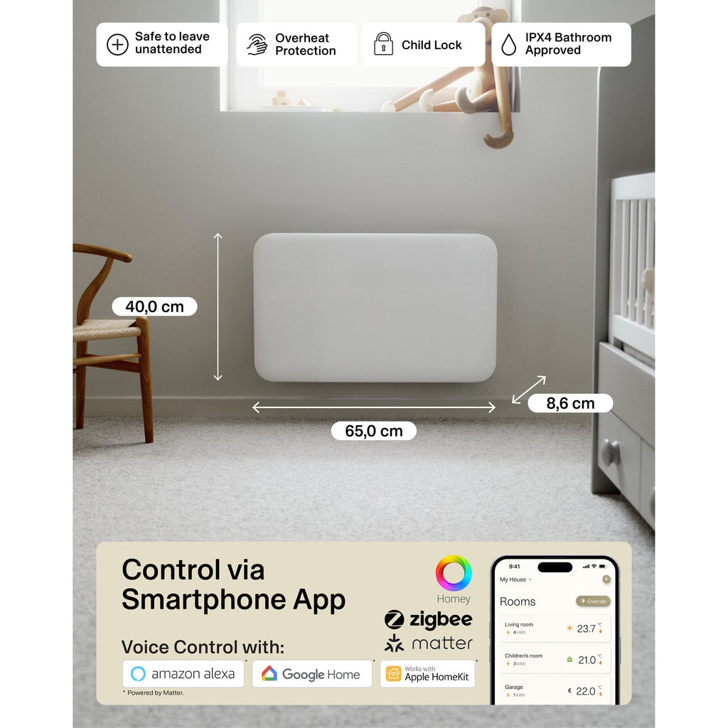 Mill steel wifi paneelverwarming pa700wifi4, 700 watt convector (wit, wifi 2,4 ghz (wifi 6), bluetooth 5.2, zigbee 3.0 + app)