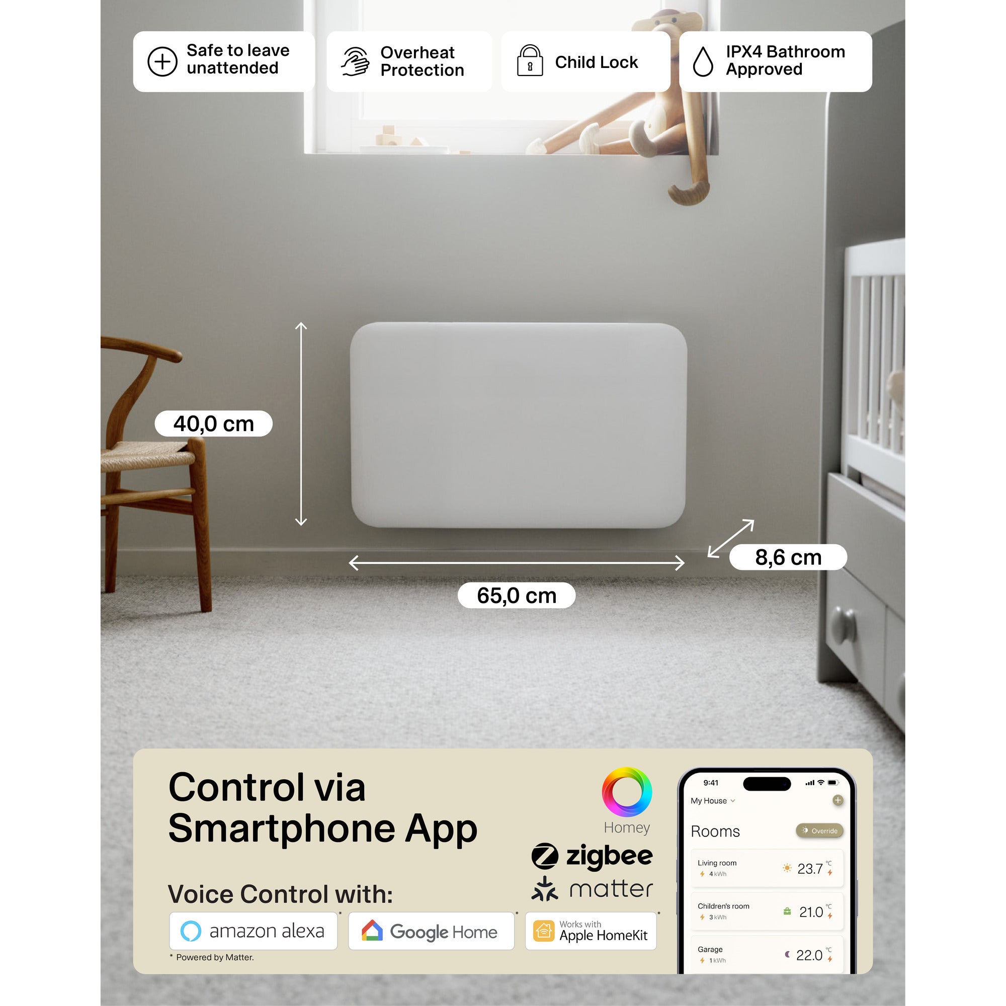 Mill steel wifi paneelverwarming pa700wifi4, 700 watt convector (wit, wifi 2,4 ghz (wifi 6), bluetooth 5.2, zigbee 3.0 + app)