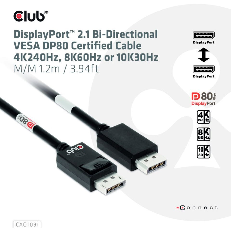Club 3d displayport 2.1 vesa dp80 gecertificeerde kabel male-male (zwart, 1,2 meter, 4k 240hz, 8k 60hz, 80gbps)