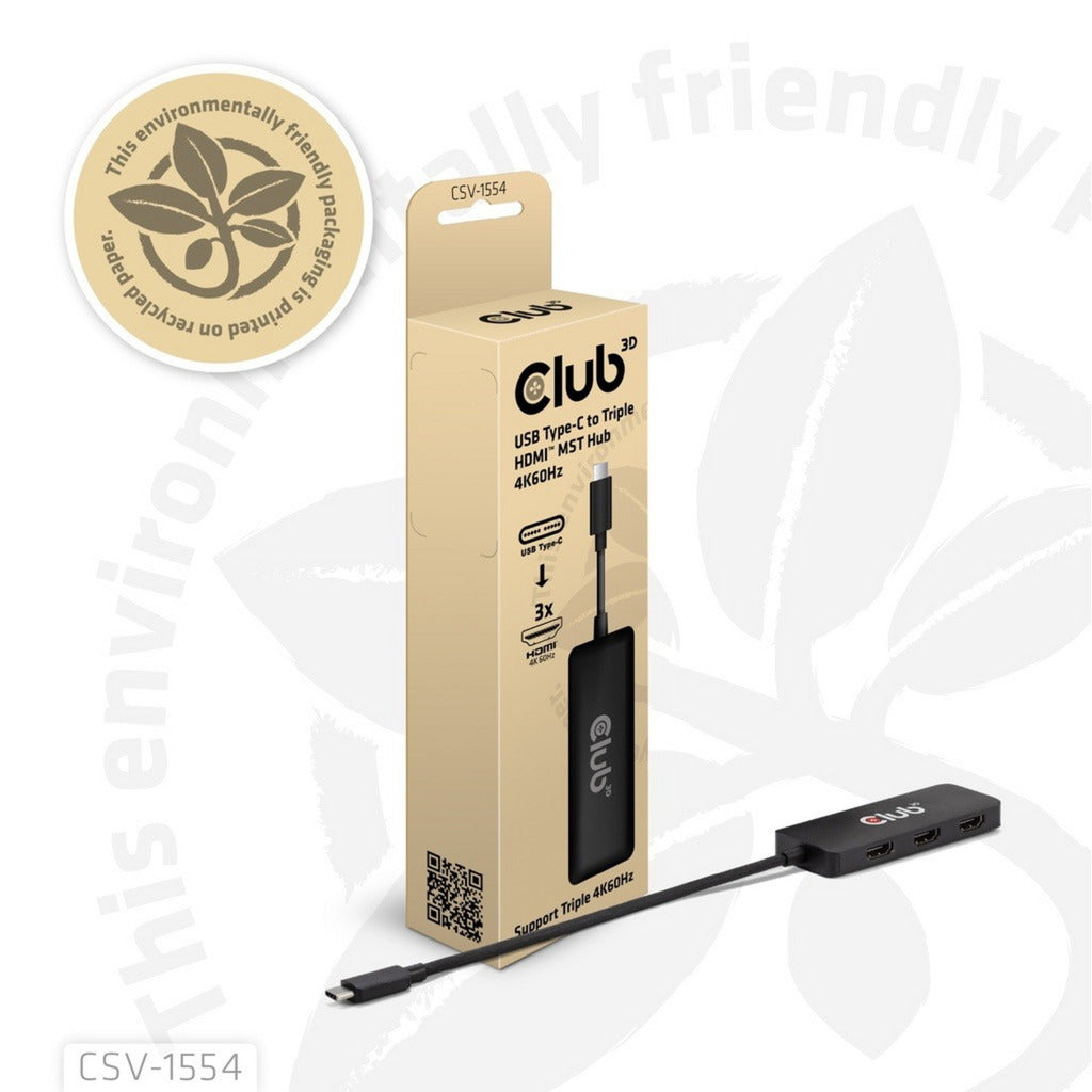 Club 3d usb-c naar triple hdmi mst hub 4k60hz adapter (zwart)
