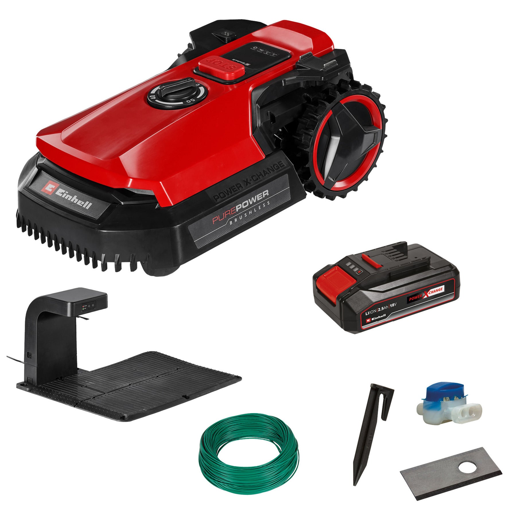 Einhell freelexo 500 robotmaaier (rood zwart, 2.5 ah power x-change plus accu + laadstation inbegrepen)